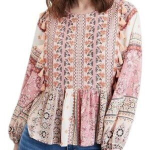 NEW American Eagle Embroidered Mixed Print Peasant Shirt Blouse Boho